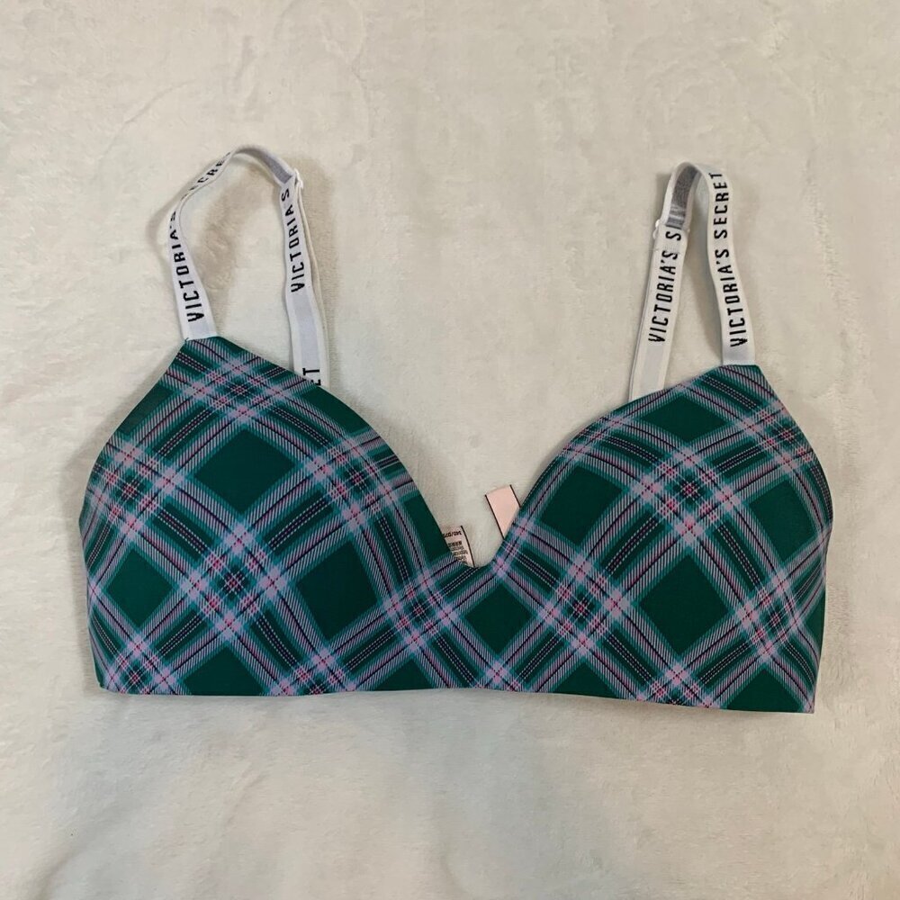 Victoria's Secret T-Shirt Wireless Bra Women‎ 34D Green Plaid Logo Straps